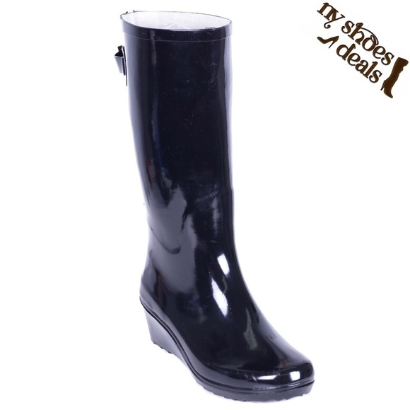 Womens Rubber Rain Boots, Wedge Rainboots, Black, NEW - Picture 1 of 4